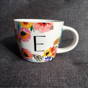 Floral E Initial Mug White Black Pink Blue Yellow 16 oz